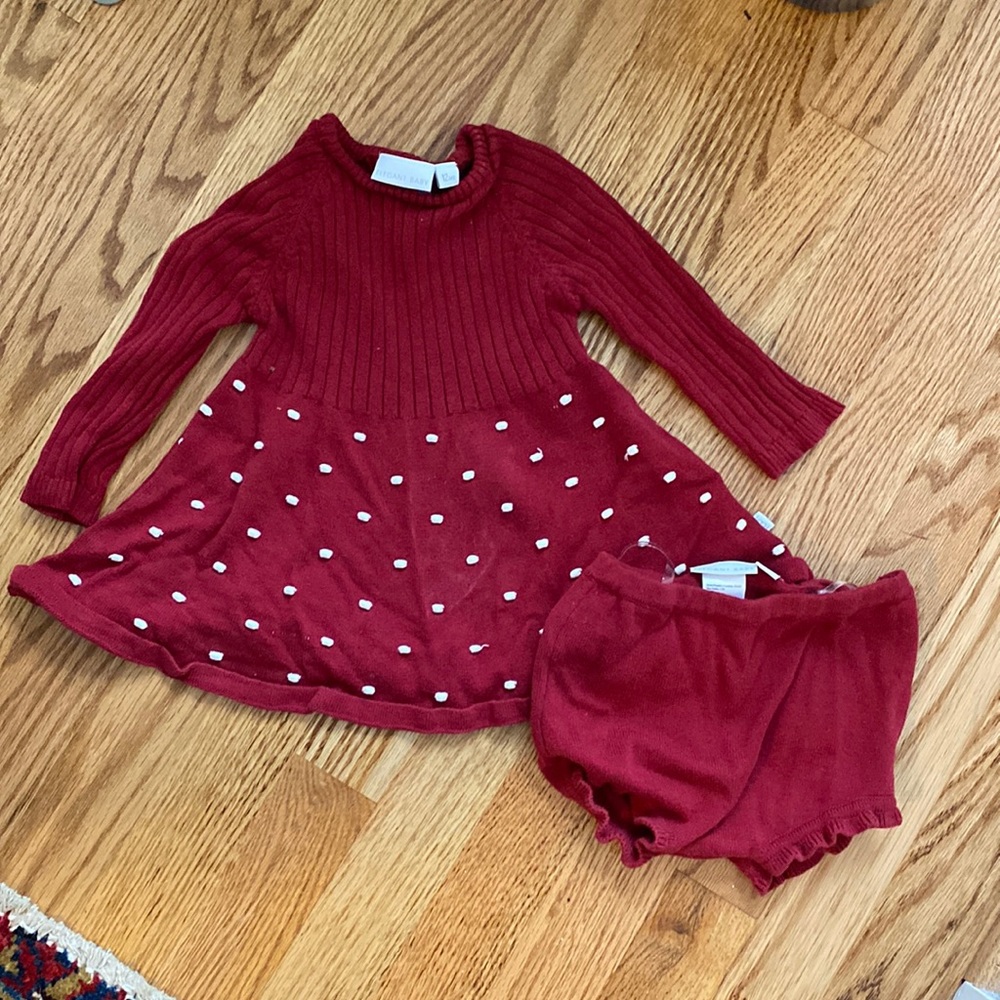 Elegant Baby red polka dot holiday / Christmas sweater dress and bloomers
